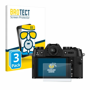 Front side of a product packaging with the brand logo BROTECT. Next to it is the device Fujifilm X-T50 shown with the correspo