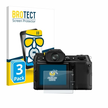 Front side of a product packaging with the brand logo BROTECT. Next to it is the device Fujifilm GFX100S II shown with the cor