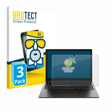 Front side of a product packaging with the brand logo BROTECT. Next to it is the device Lenovo ThinkPad L13 2-in-1 Gen 5 shown