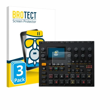 Front side of a product packaging with the brand logo BROTECT. Next to it is the device Elektron Digitakt II shown with the co