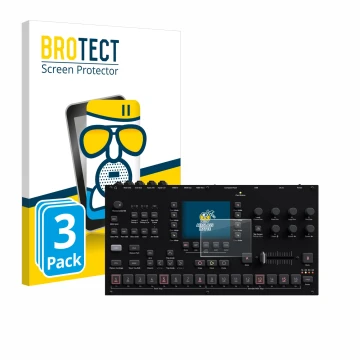 Front side of a product packaging with the brand logo BROTECT. Next to it is the device Elektron Octatrack MKII shown with the