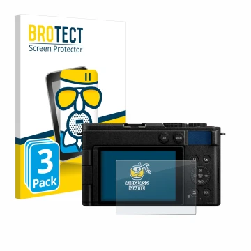 Front side of a product packaging with the brand logo BROTECT. Next to it is the device Panasonic Lumix DC-S9 shown with the c