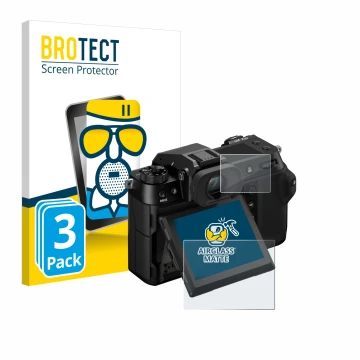 Front side of a product packaging with the brand logo BROTECT. Next to it is the device Fujifilm GFX100S II (Display + top pla