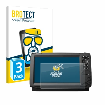 Front side of a product packaging with the brand logo BROTECT. Next to it is the device Lowrance HOOK Reveal 9 shown with the 