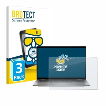 Front side of a product packaging with the brand logo BROTECT. Next to it is the device Dell Latitude 7350 2-in-1 shown with t