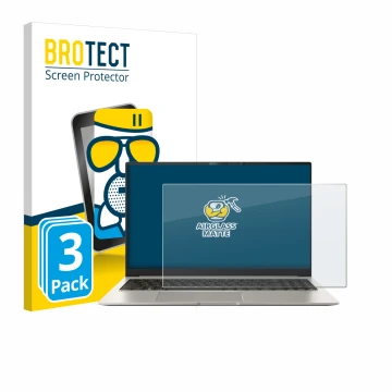Front side of a product packaging with the brand logo BROTECT. Next to it is the device ASUS ZenBook 15 OLED UM3504 shown with