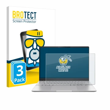 Front side of a product packaging with the brand logo BROTECT. Next to it is the device ASUS Vivobook S 14 OLED M5406 shown wi