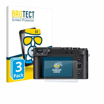 Front side of a product packaging with the brand logo BROTECT. Next to it is the device Leica D-Lux 8 shown with the correspon