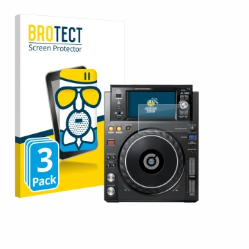 Front side of a product packaging with the brand logo BROTECT. Next to it is the device Pioneer XDJ -1000MK2 shown with the co