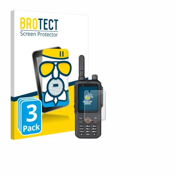Front side of a product packaging with the brand logo BROTECT. Next to it is the device Inrico T320 shown with the correspondi