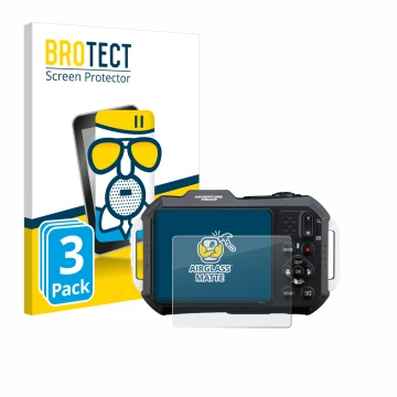 Front side of a product packaging with the brand logo BROTECT. Next to it is the device Ricoh Pentax WG-1000 shown with the co