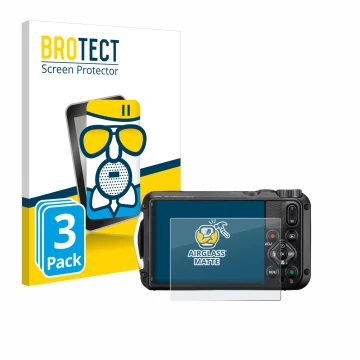 Front side of a product packaging with the brand logo BROTECT. Next to it is the device Ricoh Pentax WG-8 shown with the corre