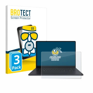 Front side of a product packaging with the brand logo BROTECT. Next to it is the device ASUS ProArt P16 shown with the corresp