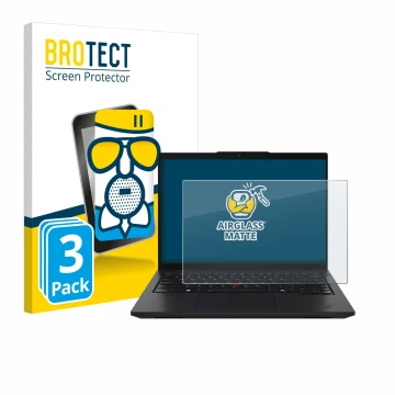Front side of a product packaging with the brand logo BROTECT. Next to it is the device Lenovo ThinkPad L14 Gen 5 shown with t