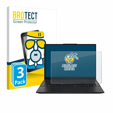 Front side of a product packaging with the brand logo BROTECT. Next to it is the device Lenovo ThinkPad L16 Gen 1 shown with t
