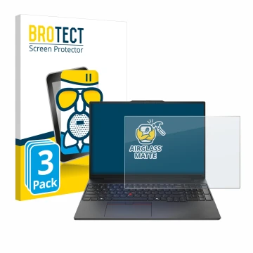 Front side of a product packaging with the brand logo BROTECT. Next to it is the device Lenovo ThinkPad E16 Gen 2 shown with t