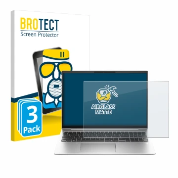 Front side of a product packaging with the brand logo BROTECT. Next to it is the device HP EliteBook 845 G11 shown with the co