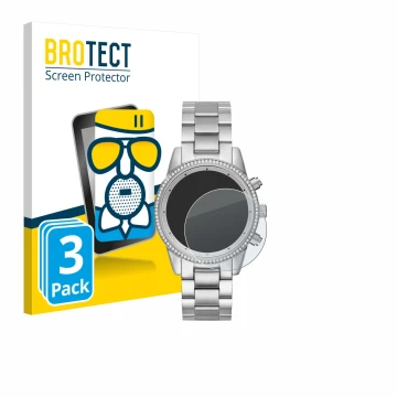 Front side of a product packaging with the brand logo BROTECT. Next to it is the device Michael Kors Ritz MK6428 shown with th