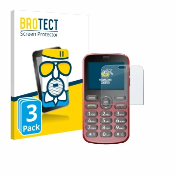 Front side of a product packaging with the brand logo BROTECT. Next to it is the device Doro 1880 shown with the corresponding