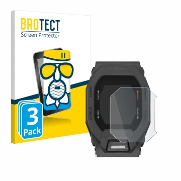 Front side of a product packaging with the brand logo BROTECT. Next to it is the device Casio G-Shock GBD-200 shown with the c