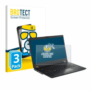 Front side of a product packaging with the brand logo BROTECT. Next to it is the device Fujitsu Lifebook U7410 shown with the 