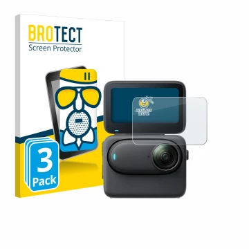 Front side of a product packaging with the brand logo BROTECT. Next to it is the device Insta360 Go 3S shown with the correspo