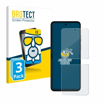 Front side of a product packaging with the brand logo BROTECT. Next to it is the device Motorola Razr 50 Ultra shown with the 