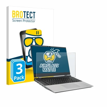 Front side of a product packaging with the brand logo BROTECT. Next to it is the device Framework Laptop 16 shown with the cor