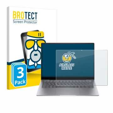 Front side of a product packaging with the brand logo BROTECT. Next to it is the device HP OmniBook X AI 14 shown with the cor
