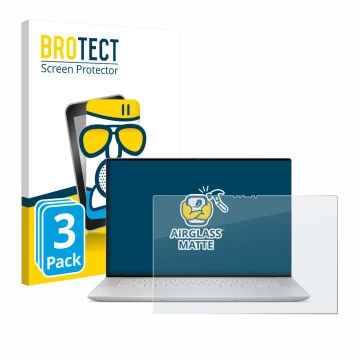 Front side of a product packaging with the brand logo BROTECT. Next to it is the device Dell XPS 16 9640 shown with the corres