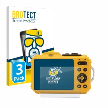 Front side of a product packaging with the brand logo BROTECT. Next to it is the device Kodak Pixpro WPZ2 shown with the corre