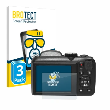 Front side of a product packaging with the brand logo BROTECT. Next to it is the device Kodak Pixpro AZ255 shown with the corr