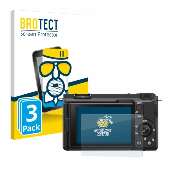 Front side of a product packaging with the brand logo BROTECT. Next to it is the device Sony Alpha ZV-E10 II shown with the co