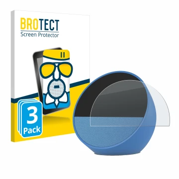 Front side of a product packaging with the brand logo BROTECT. Next to it is the device Amazon Echo Spot 2024 shown with the c