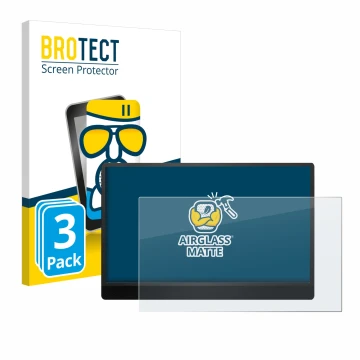 Front side of a product packaging with the brand logo BROTECT. Next to it is the device MSI Pro MP161 E2 shown with the corres