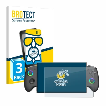 Front side of a product packaging with the brand logo BROTECT. Next to it is the device OneXPlayer X1 Mini shown with the corr