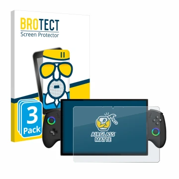 Front side of a product packaging with the brand logo BROTECT. Next to it is the device OneXPlayer X1 shown with the correspon