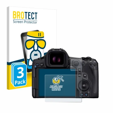 Front side of a product packaging with the brand logo BROTECT. Next to it is the device Canon EOS R5 Mark II shown with the co