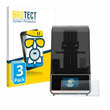 Front side of a product packaging with the brand logo BROTECT. Next to it is the device Anycubic Photon Mono M7 Pro shown with