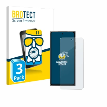 Front side of a product packaging with the brand logo BROTECT. Next to it is the device HMD Skyline shown with the correspondi