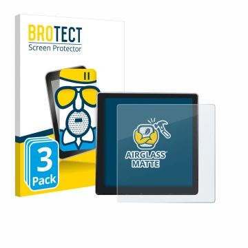 Front side of a product packaging with the brand logo BROTECT. Next to it is the device Shelly Wall Display shown with the cor