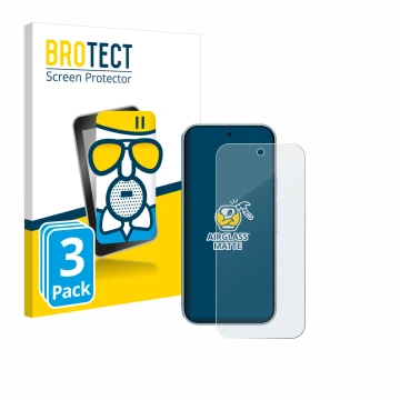 Front side of a product packaging with the brand logo BROTECT. Next to it is the device Google Pixel 9 shown with the correspo