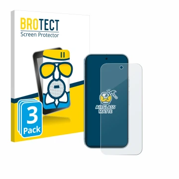 Front side of a product packaging with the brand logo BROTECT. Next to it is the device Google Pixel 9 Pro shown with the corr