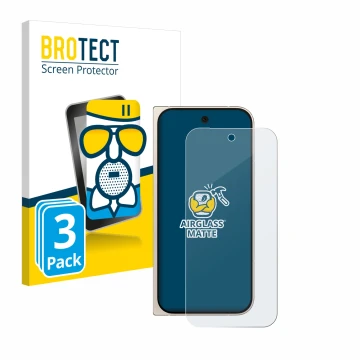 Front side of a product packaging with the brand logo BROTECT. Next to it is the device Google Pixel 9 Pro Fold shown with the