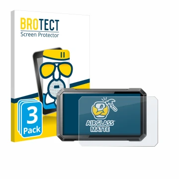 Front side of a product packaging with the brand logo BROTECT. Next to it is the device Ricoel Motorcycle CarPlay C7 II shown 