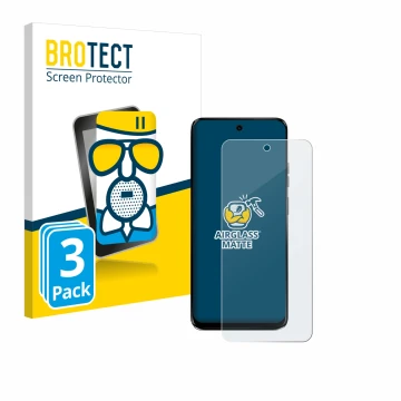 Front side of a product packaging with the brand logo BROTECT. Next to it is the device Motorola G34 5G shown with the corresp