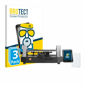 Front side of a product packaging with the brand logo BROTECT. Next to it is the device Anycubic Kobra 3 shown with the corres