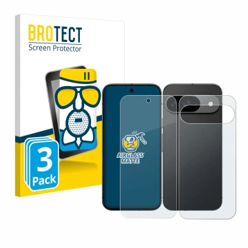 Front side of a product packaging with the brand logo BROTECT. Next to it is the device Google Pixel 9 (Front+Back) shown with