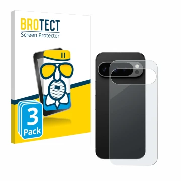 Front side of a product packaging with the brand logo BROTECT. Next to it is the device Google Pixel 9 Pro (Back) shown with t