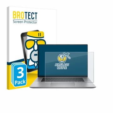 Front side of a product packaging with the brand logo BROTECT. Next to it is the device HP Zbook Studio 16 G11 shown with the 